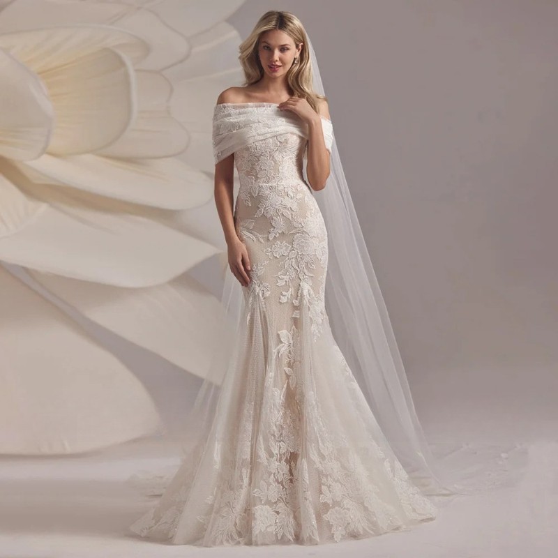 Lace Mermaid Wedding Dress with Sweep Train, Off Shoulder Dot Tulle Bridal Gowns