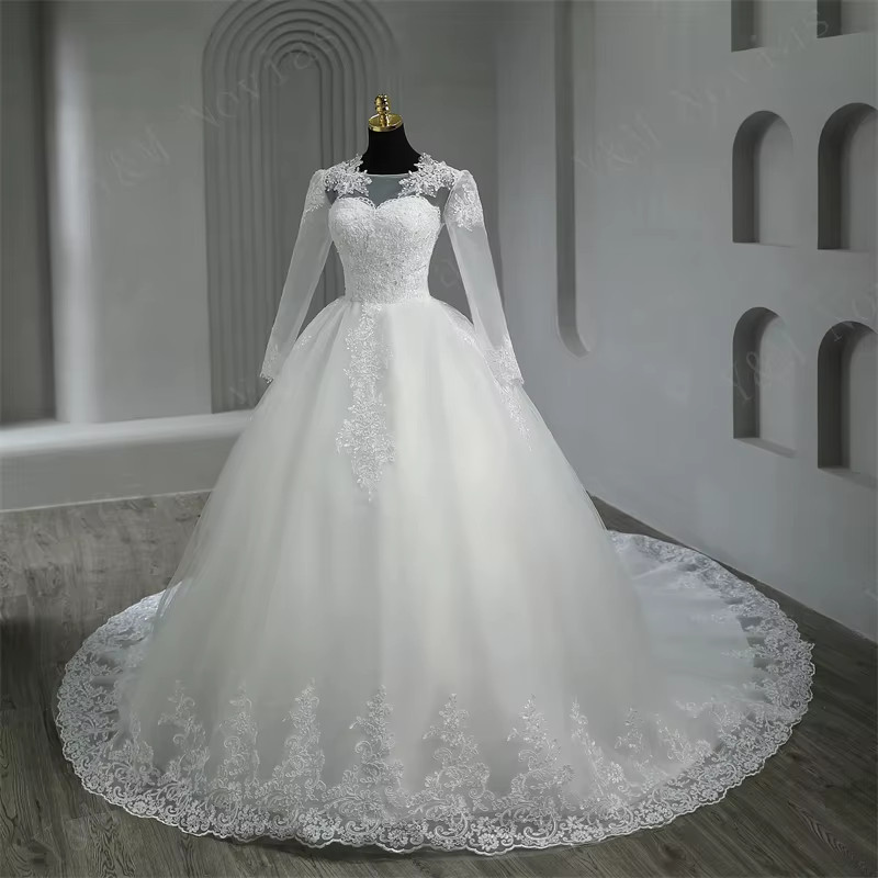 Long Sleeve Wedding Dresses Boat neck shine Lace Appliques Tulle Bride Gown