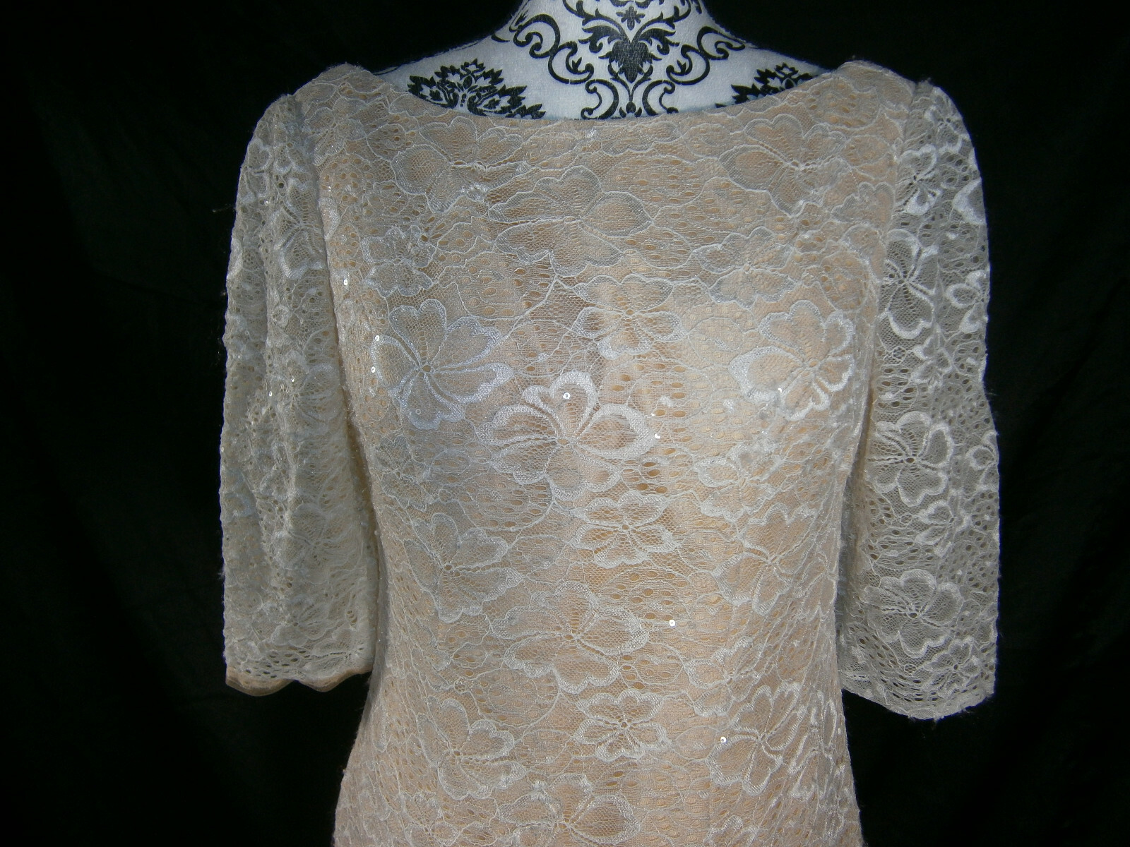 Kathy Ireland 2 Be Short Wedding Dress 12 Ivory Lace Nude Lining Elbow Sleeves