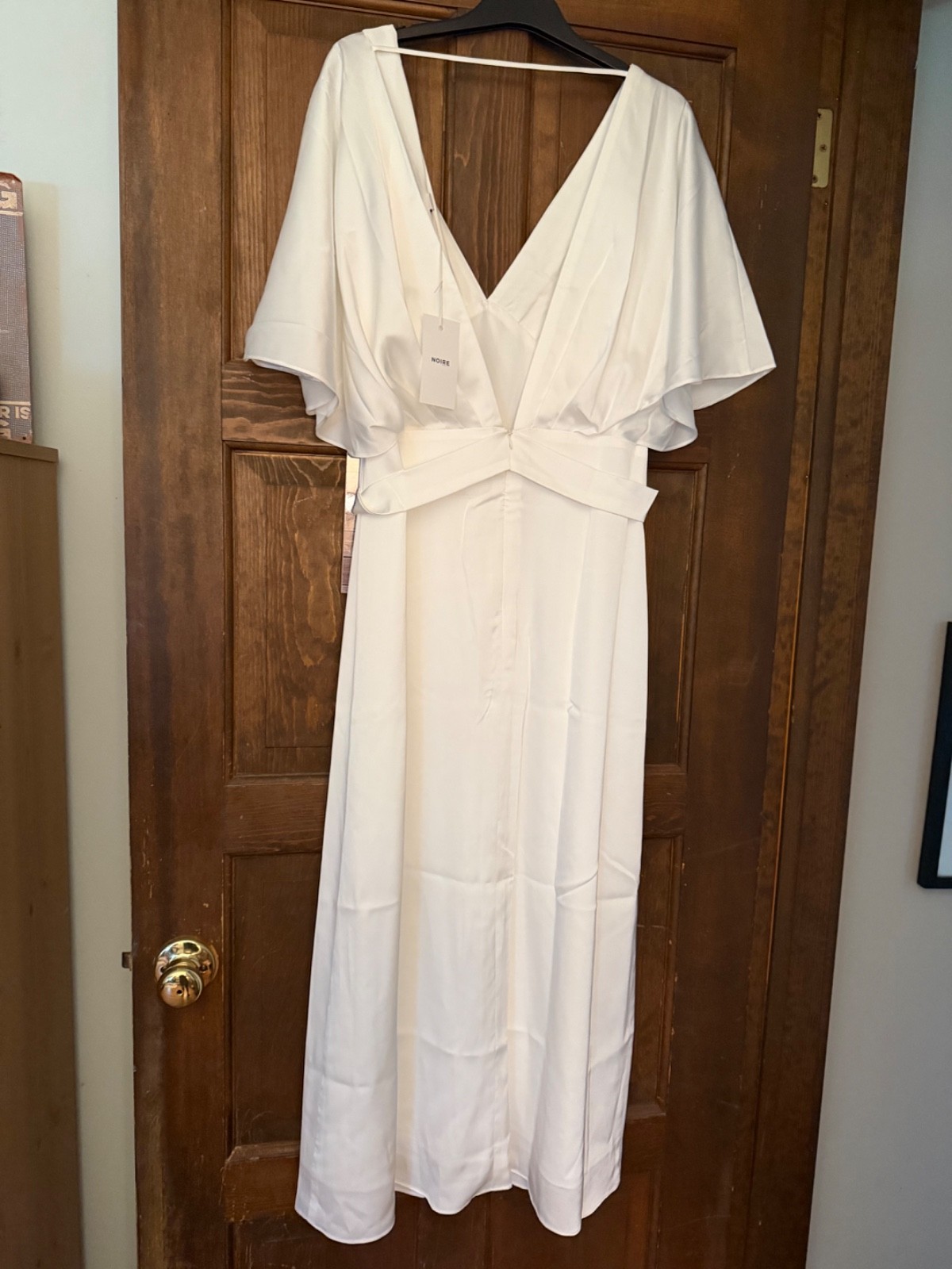 Wedding dress, size M. White satin fabric. Tea length brand new open back style