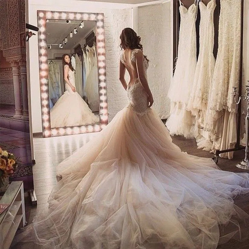 Vintage Blush Pink Mermaid Wedding Dresses Princess Backless Lace Tulle Boho