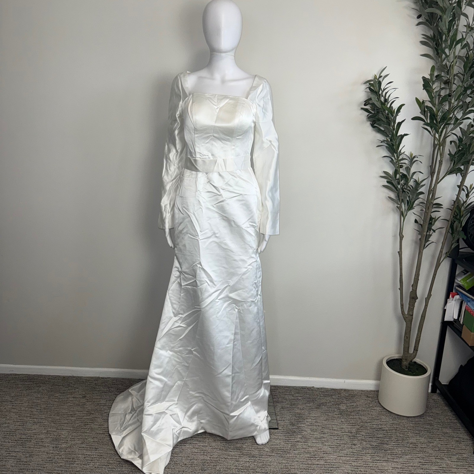Hebeos White Satin Wedding Gown Square Neck Open Back Mermaid Bridal Dress XS