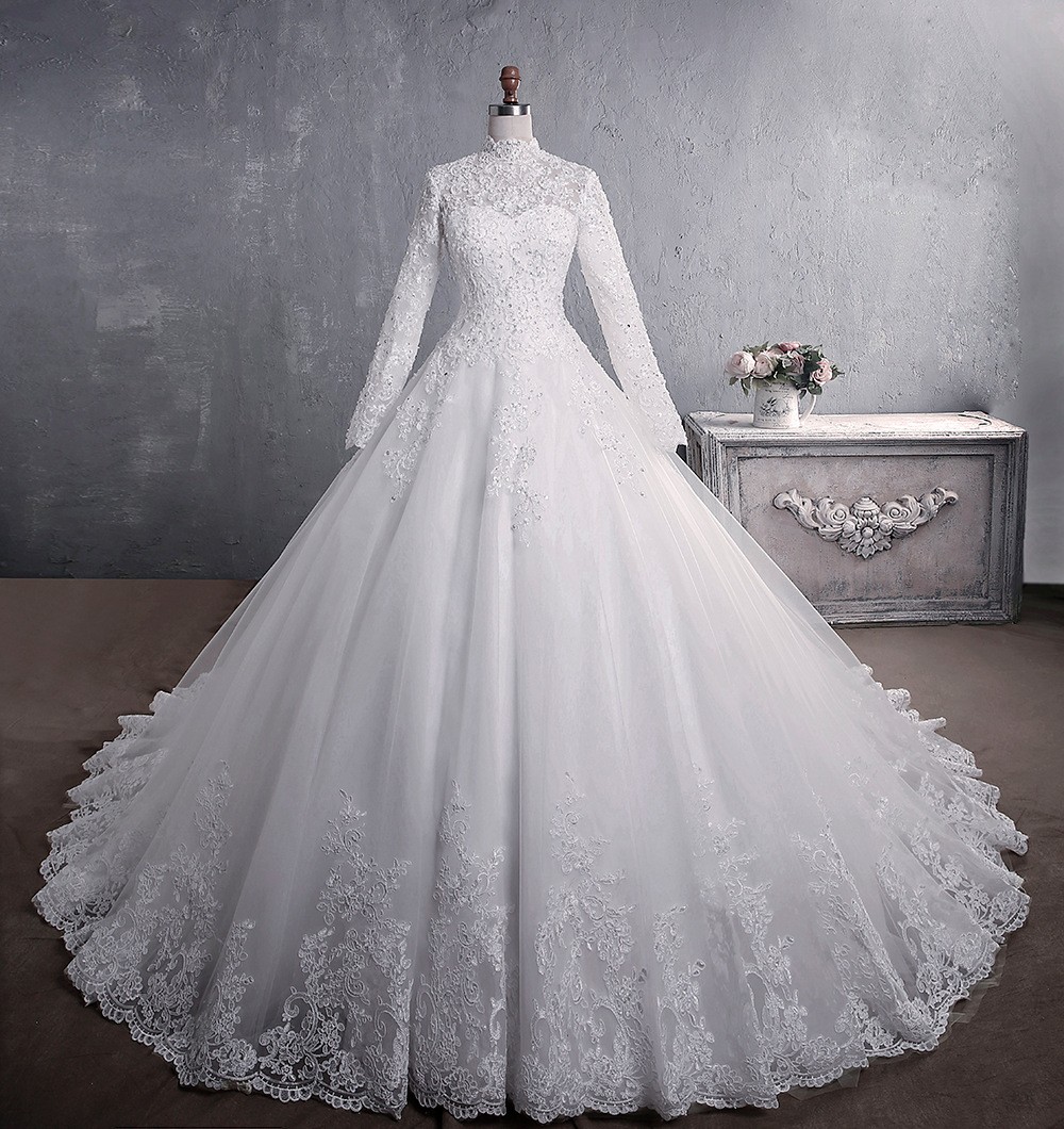 White/Ivory Lace Wedding Dresses BallGown Long Sleeve Applique BridalGown Custom