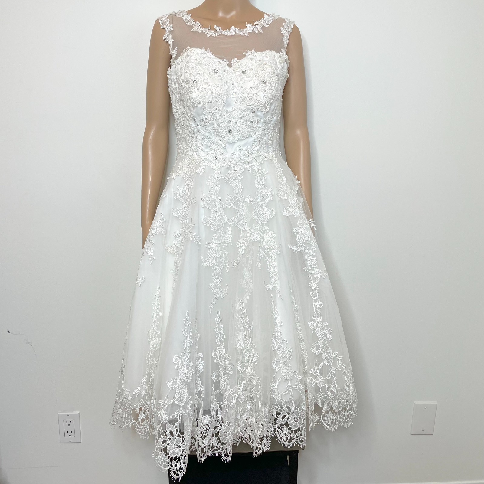 Unique Vintage Bridal 50s Retro Lace Tulle Riviera Wedding Fit & Flare Dress S