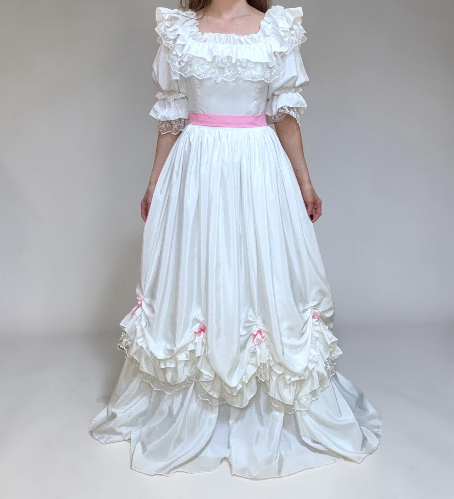 Victorian Vintage White Satin Wedding Dress Portrait Neck 3/4 Sleeve + Pink Bow