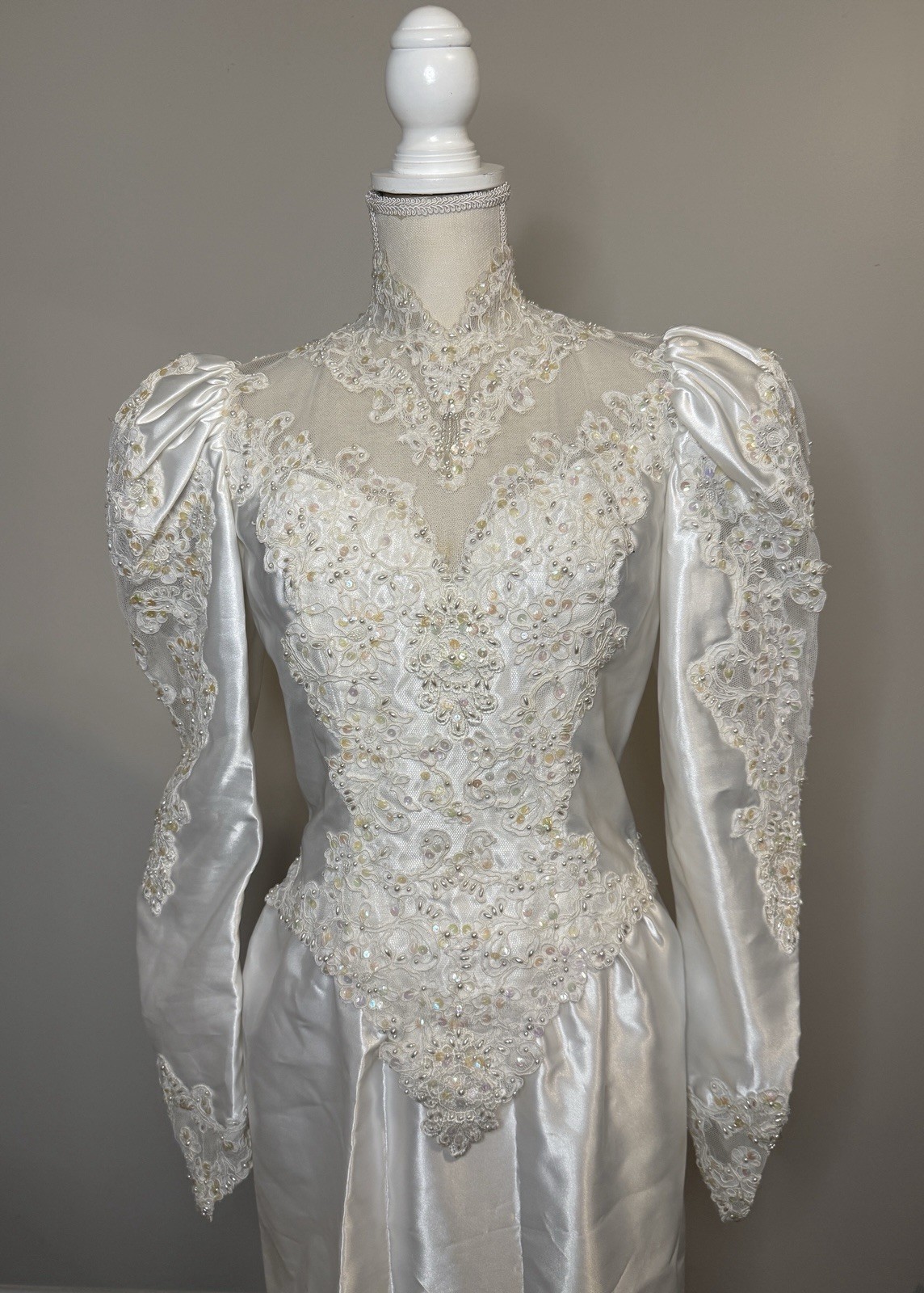 Vtg Mori Lee Satin Wedding Dress High Neck Puffed Sleeves Beading Lace Sz 8