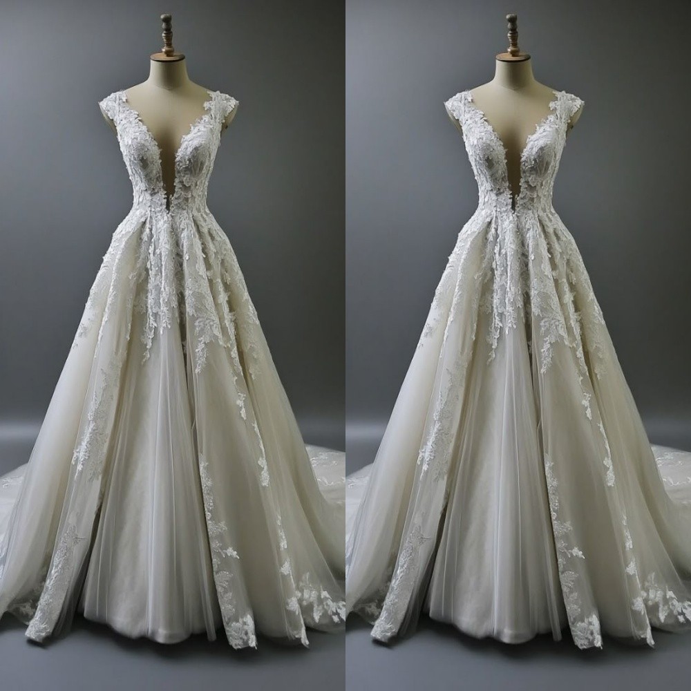 Gorgeous Wedding Dresses Lace Appliques A Line Beach Bridal Gowns Sweep Train