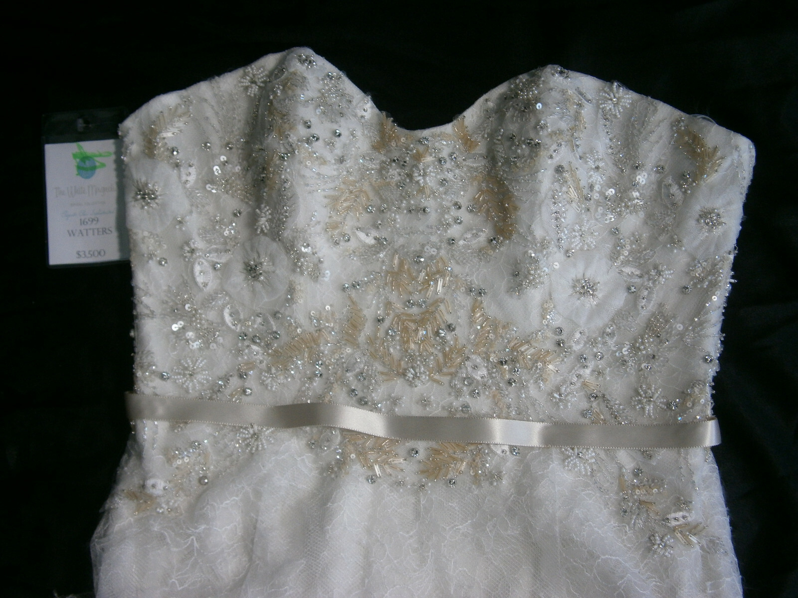 Watters Brides Wedding Dress 8-10 Ivory Sheath Lace Bling Ribbon Crawford 68105E