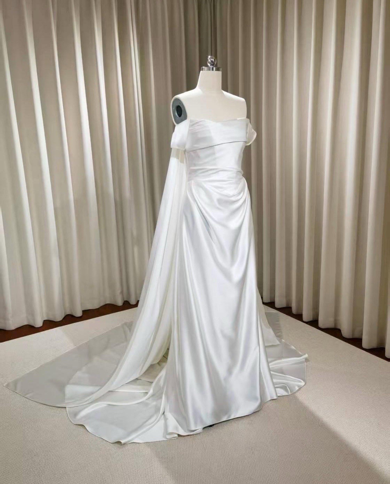 Custom NWT Satin Corset Wedding Gown With Removable Cape And Arm Straps