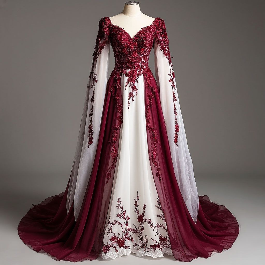 Burgundy White Floral Lace Embroidery Wedding Dress Deep V Neck Flare Sleeve