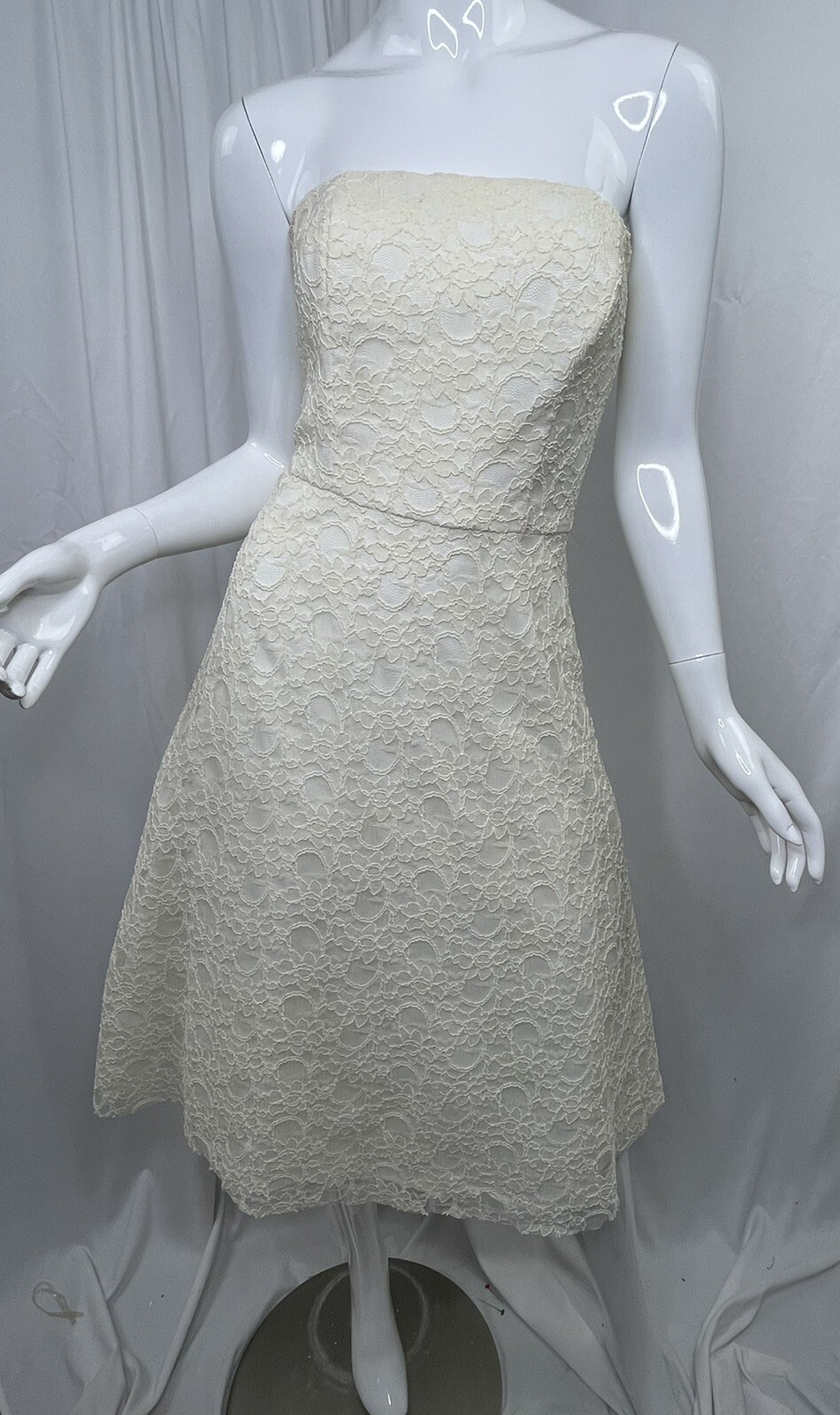 Bari Jay Sz 6 Tea Length Ivory Wedding Dress Strapless Tulle Retro Fit and Flare