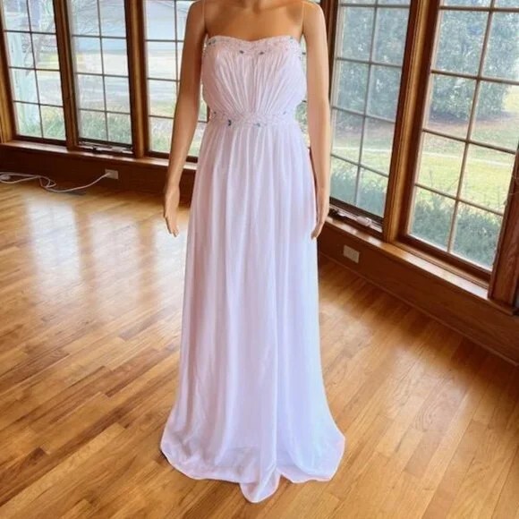 *White Chiffon Blue Pink Beading Strapless Wedding Gown Bridal Dress Size 12