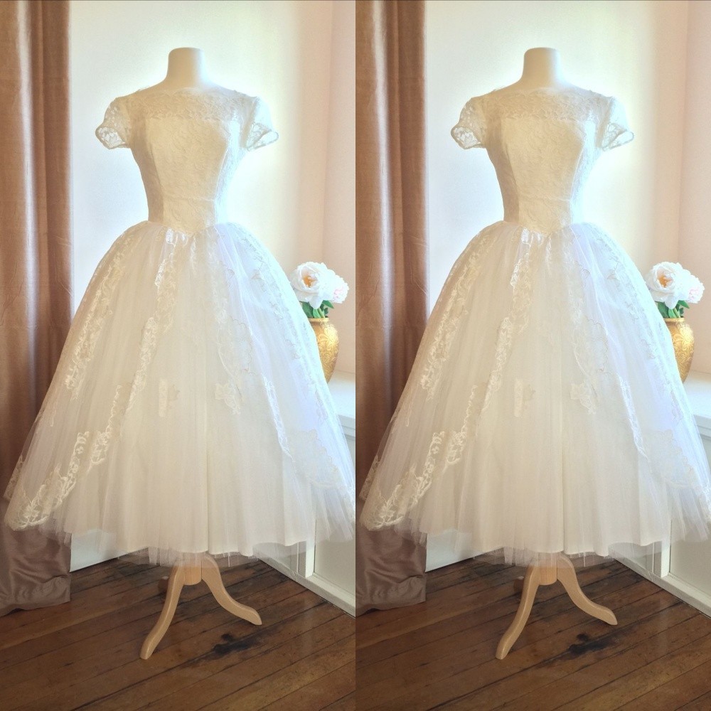 Short Wedding Dresses Satin Short Sleeves Tea Length A Line Simple Bridal Gowns