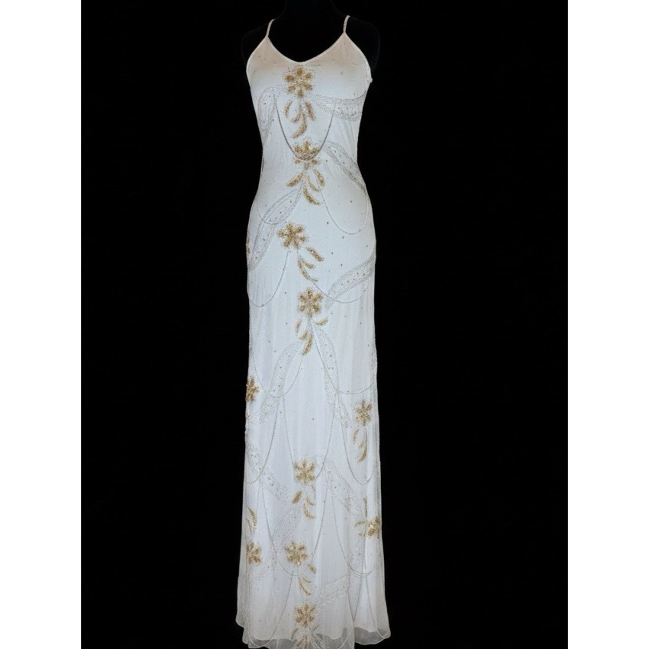 Elegant White hand Beaded Spaghetti Strap gown stretch, fabric stunning