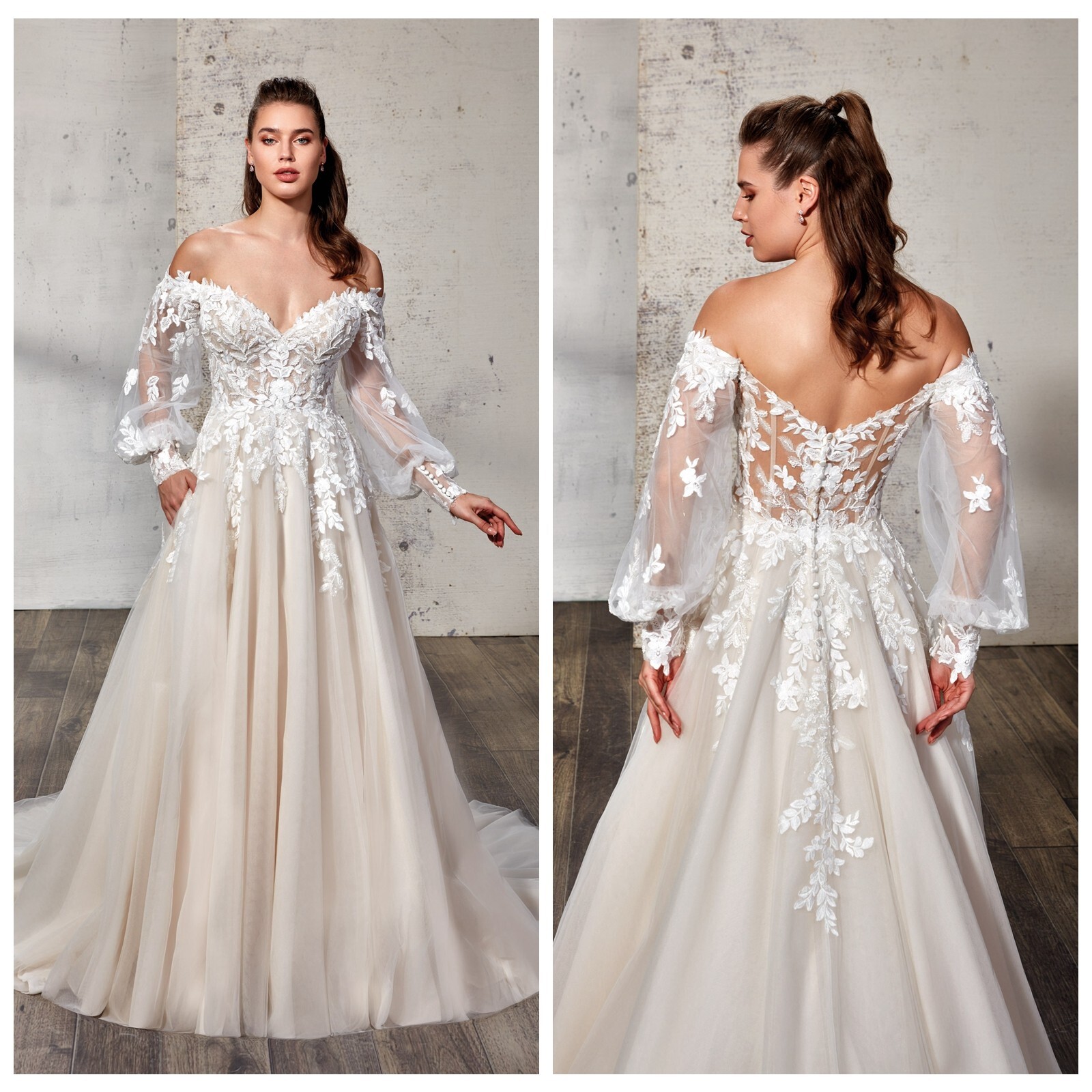 2026 Attractive Wedding Dress Bridal Gown Champagne off-Träger 2-28W Leaves Lace