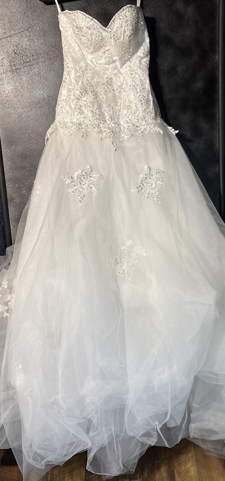 White Beaded Tulle Strapless Wedding Dress Gown Corset Tie Open Back Train Sz 4