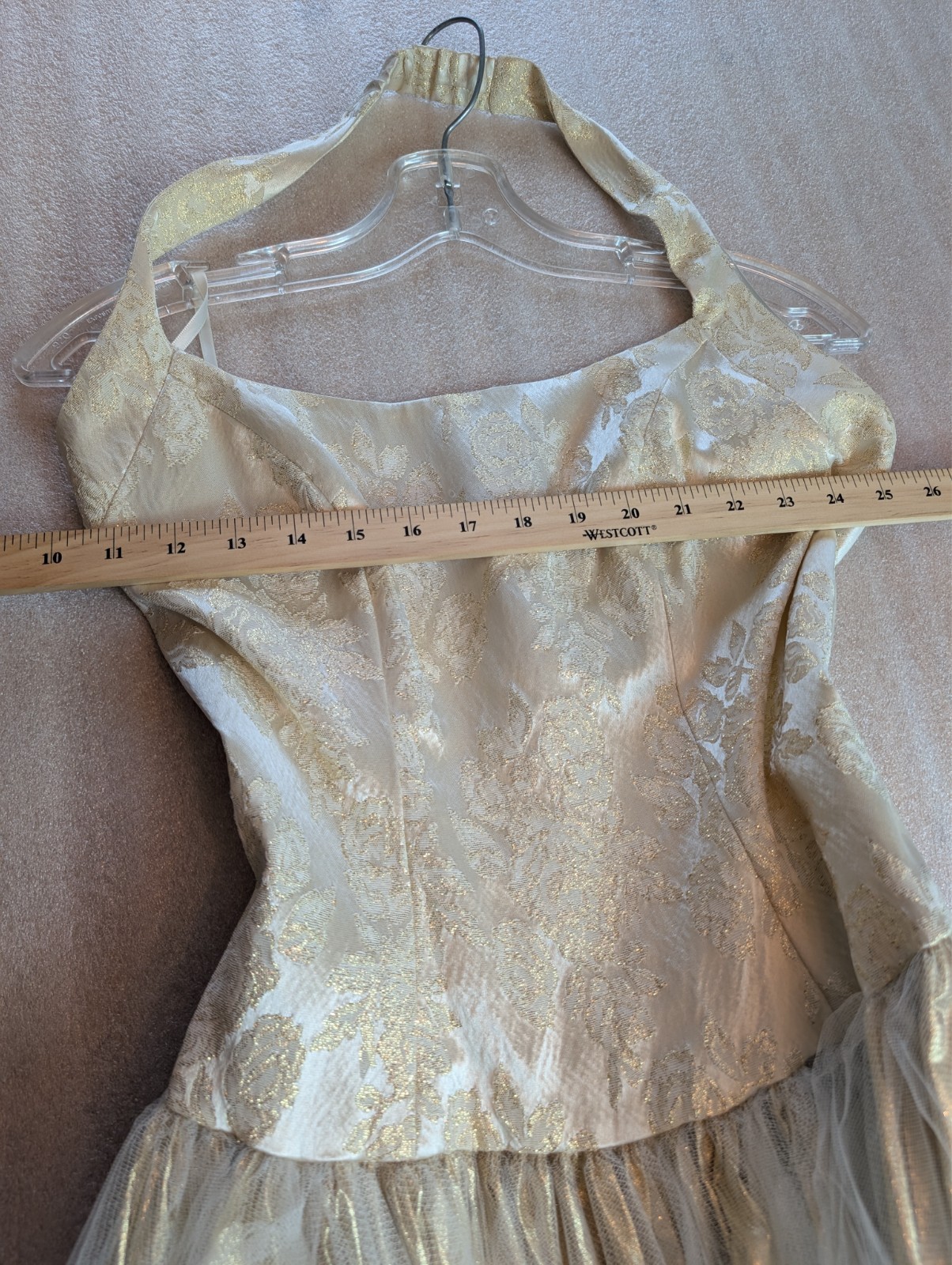 Loralie Ivory Gold Jacquard Halter Wedding Gown 40s 50s Era Layered Tulle Size 8