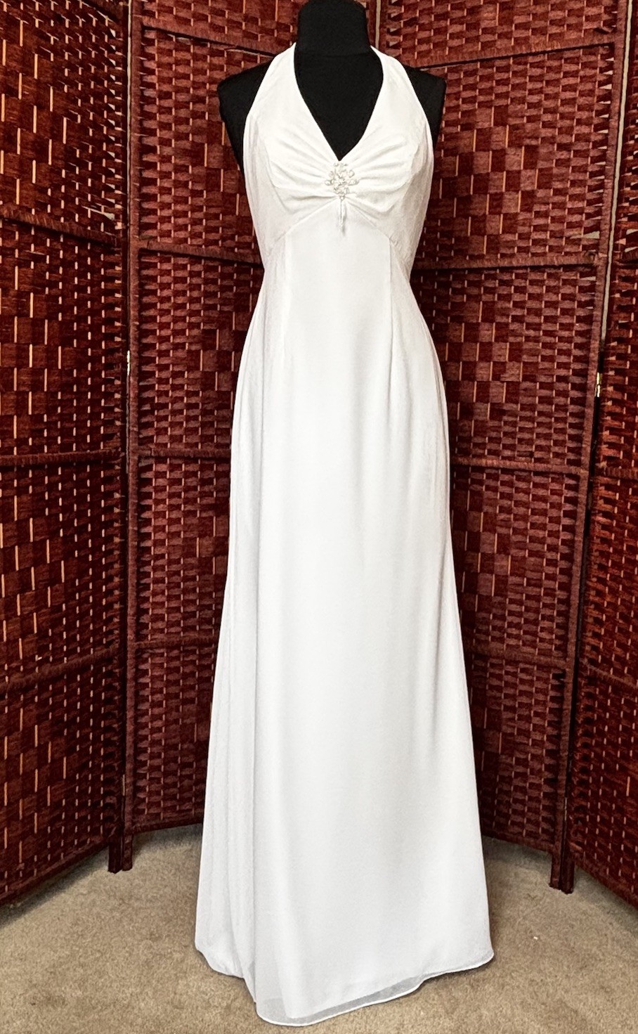 Mori Lee White Halter Wedding Dress Sz 14 A-Line Open Back Empire Bridal Gown