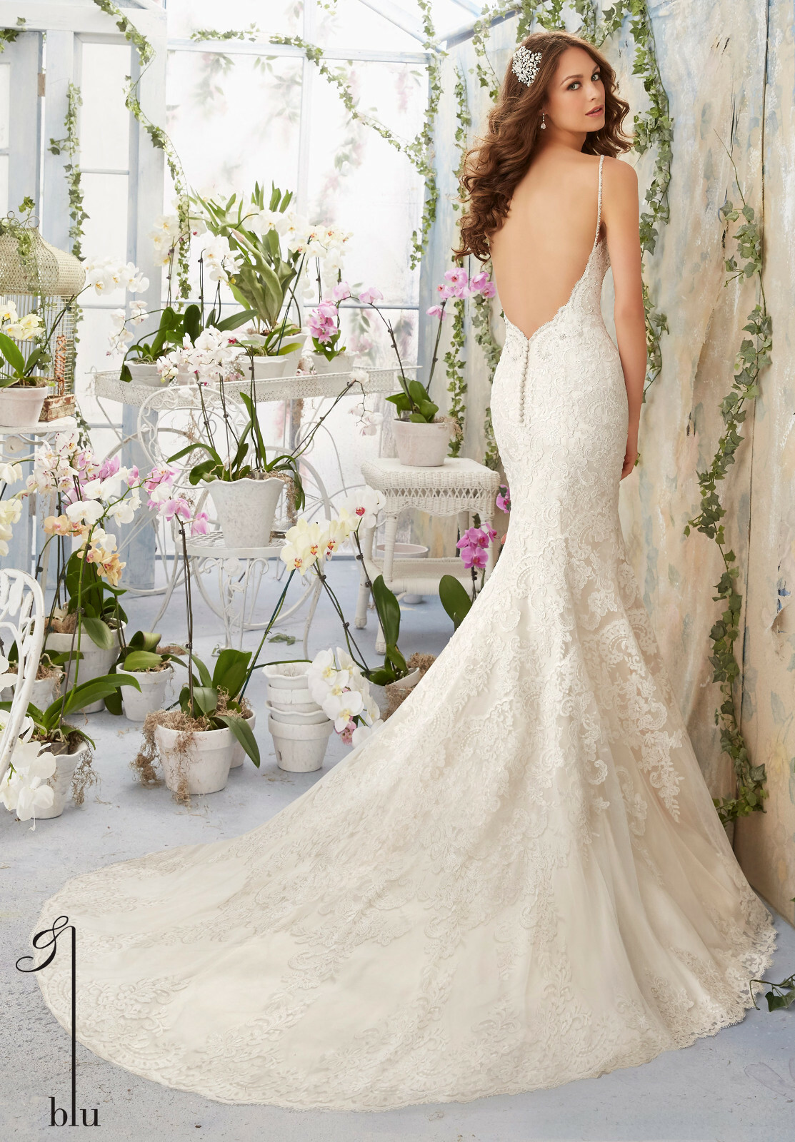 Blu Morilee Bridal 5415 Wedding Dress Sheath Fit Flare Fitted Beach V Neck Lace