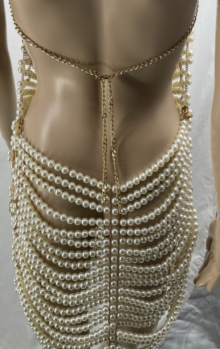 Beaded Metal Mesh Backless Pearl Dress Retro Sexy Fashion Body Chain Adjustable