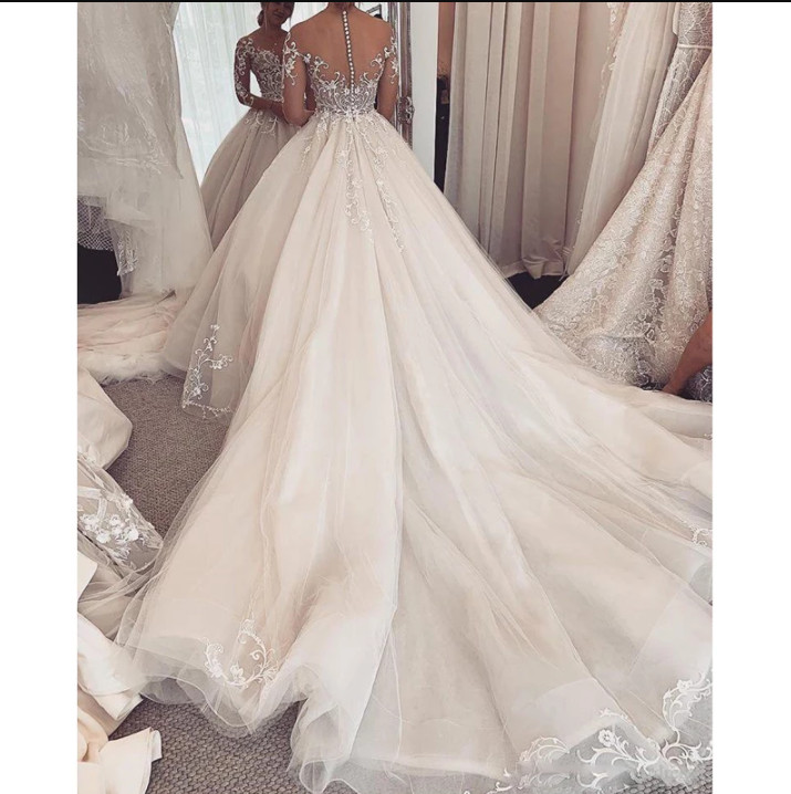 Wedding Dresses Long Sleeves Lace Appliques Illusion Court Train Bridal Gowns
