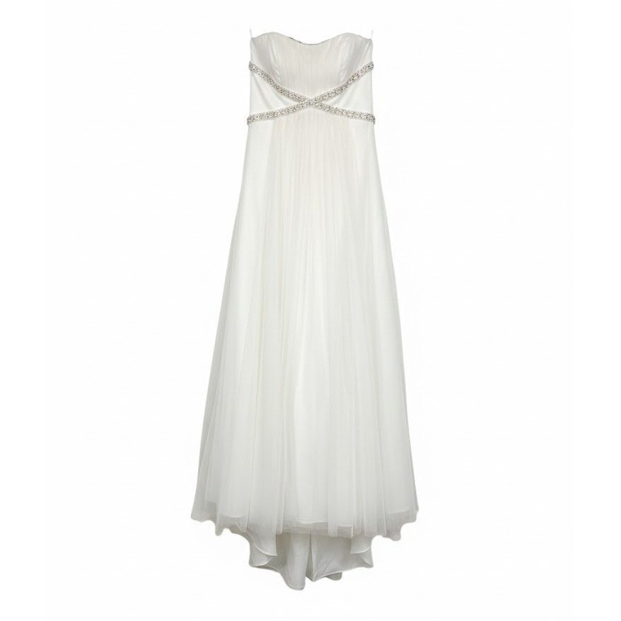 Davids Bridal Ivory Strapless Tulle Wedding Gown Size 8 Embellished Waist Beaded